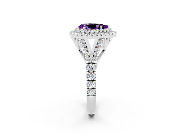 Platinum Pear Cut Amethyst Double Halo Ring with Split Shank and Prong Setting