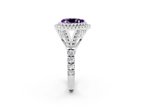 White gold Pear Cut Amethyst Double Halo Ring with Split Shank and Prong Setting_14