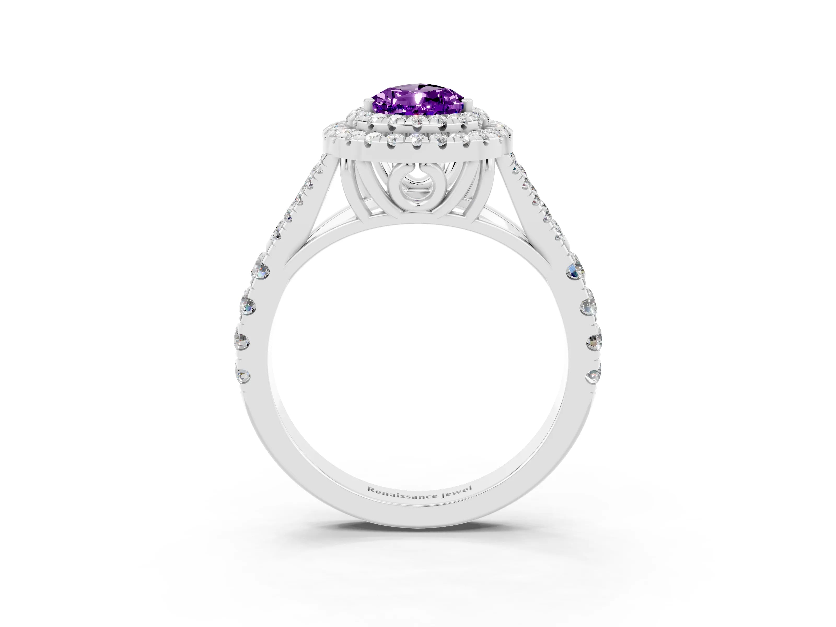 White gold Pear Cut Amethyst Double Halo Ring with Split Shank and Prong Setting_15