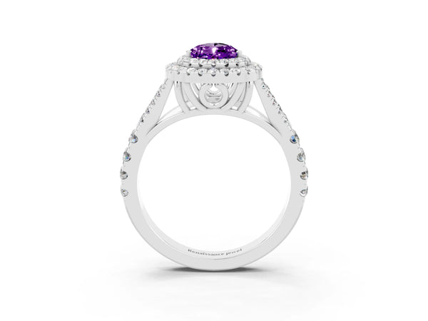 Platinum Pear Cut Amethyst Double Halo Ring with Split Shank and Prong Setting
