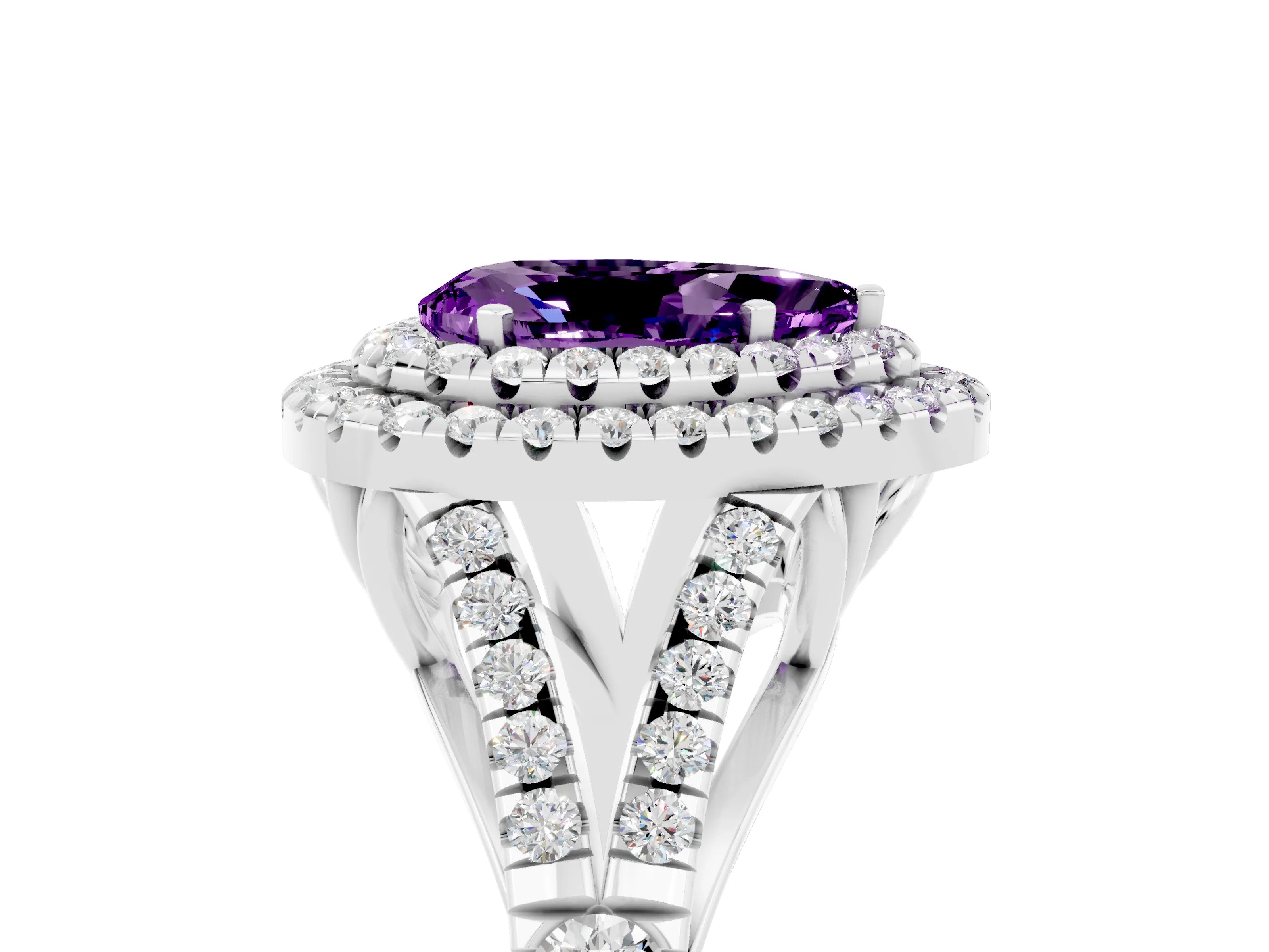 White gold Pear Cut Amethyst Double Halo Ring with Split Shank and Prong Setting_17
