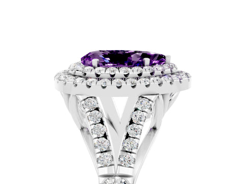 White gold Pear Cut Amethyst Double Halo Ring with Split Shank and Prong Setting_29