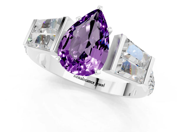 Platinum Pear Cut Amethyst Engagement Ring with Baguette Side Stones and Channel Set Band