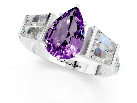 White gold Pear Cut Amethyst Engagement Ring with Baguette Side Stones and Channel Set Band_1