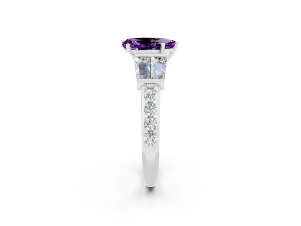 Platinum Pear Cut Amethyst Engagement Ring with Baguette Side Stones and Channel Set Band