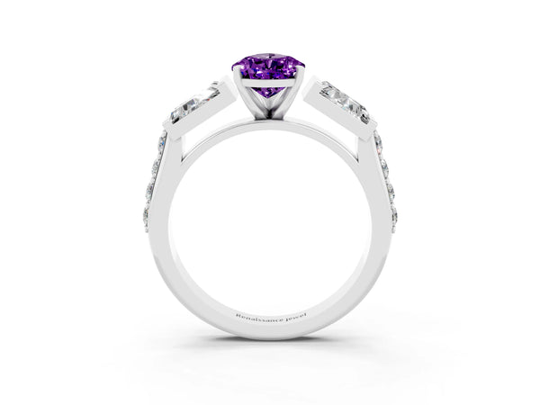 Platinum Pear Cut Amethyst Engagement Ring with Baguette Side Stones and Channel Set Band