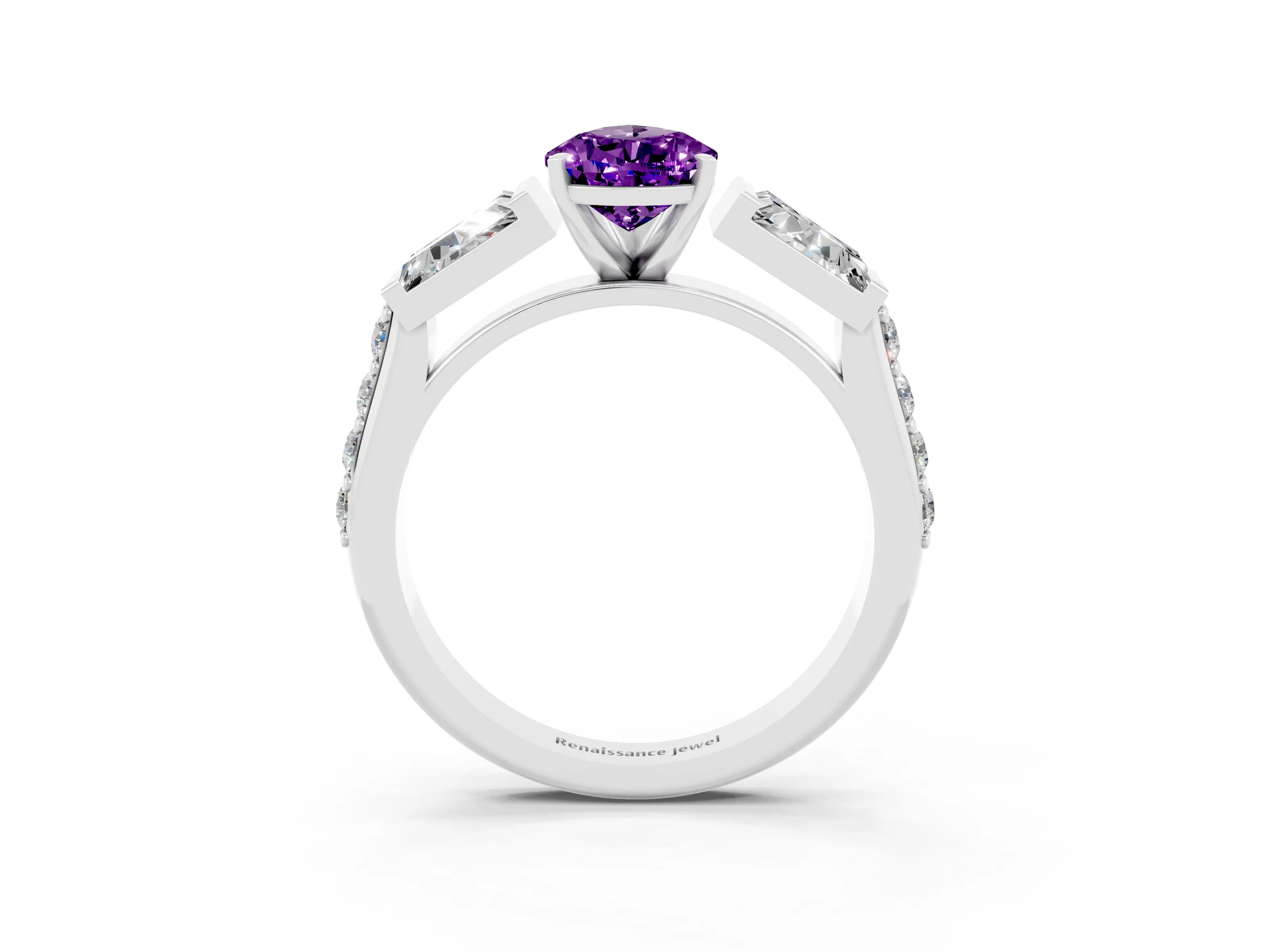 White gold Pear Cut Amethyst Engagement Ring with Baguette Side Stones and Channel Set Band_3