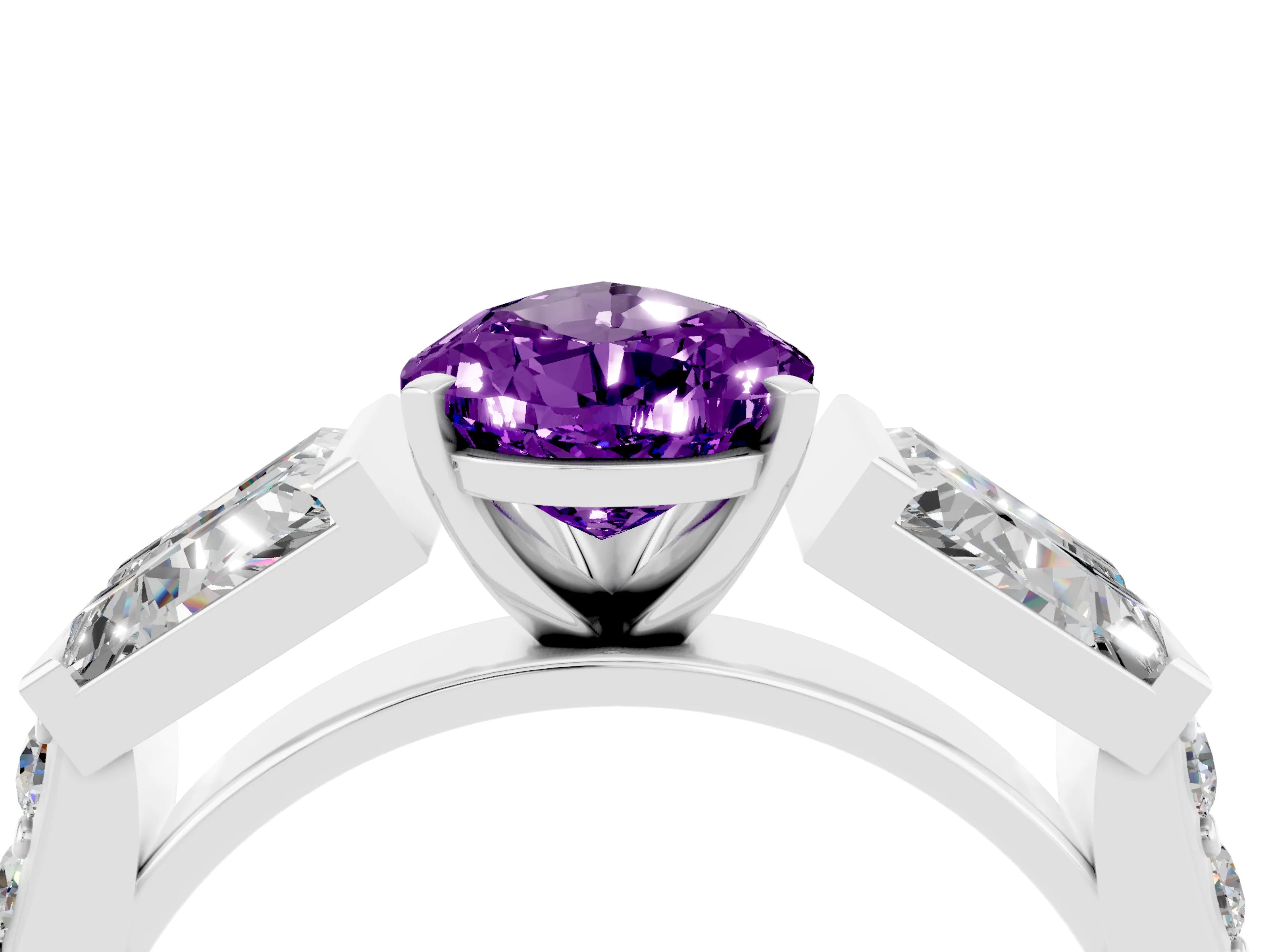 White gold Pear Cut Amethyst Engagement Ring with Baguette Side Stones and Channel Set Band_4