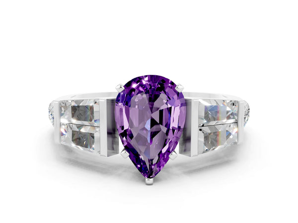 White gold Pear Cut Amethyst Engagement Ring with Baguette Side Stones and Channel Set Band