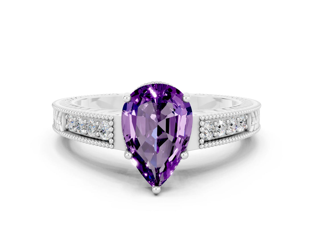 White gold Pear Cut Amethyst Engagement Ring with Milgrain Channel Set Band and Prong Setting