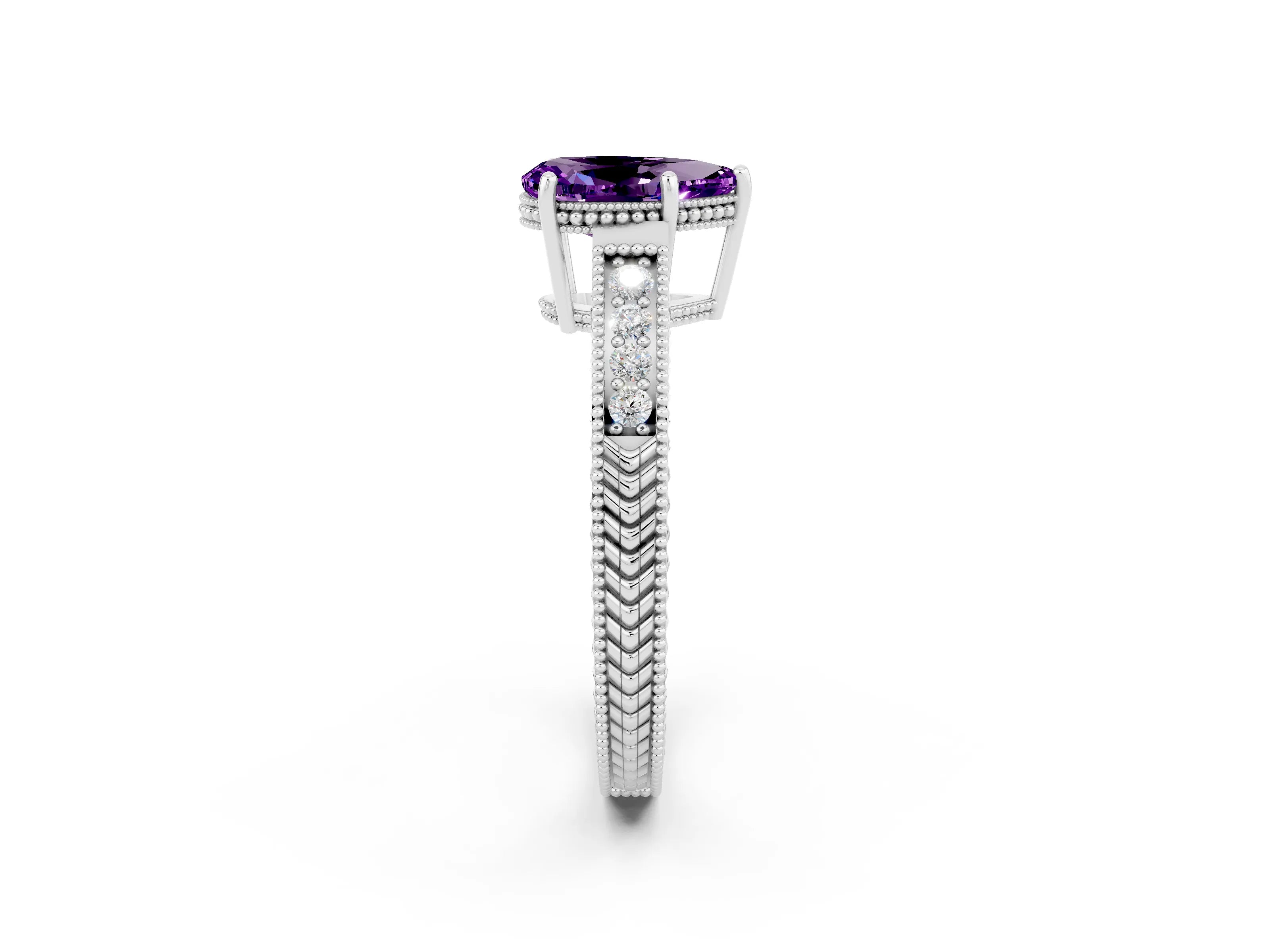 White gold Pear Cut Amethyst Engagement Ring with Milgrain Channel Set Band and Prong Setting_2