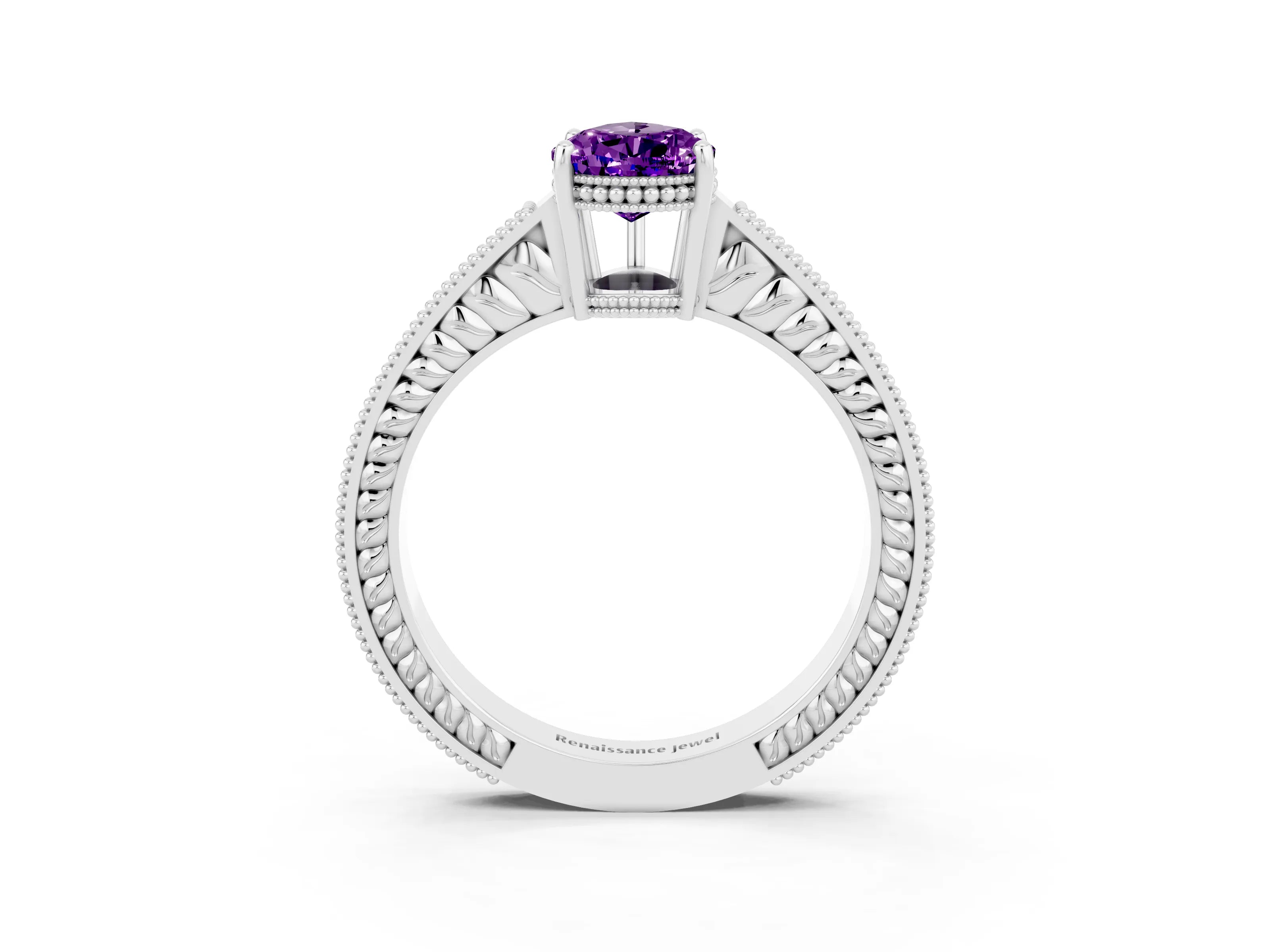White gold Pear Cut Amethyst Engagement Ring with Milgrain Channel Set Band and Prong Setting_3