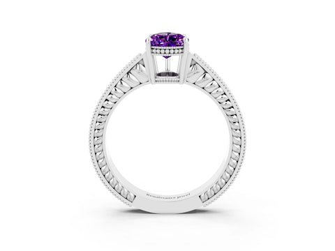 White gold Pear Cut Amethyst Engagement Ring with Milgrain Channel Set Band and Prong Setting_3