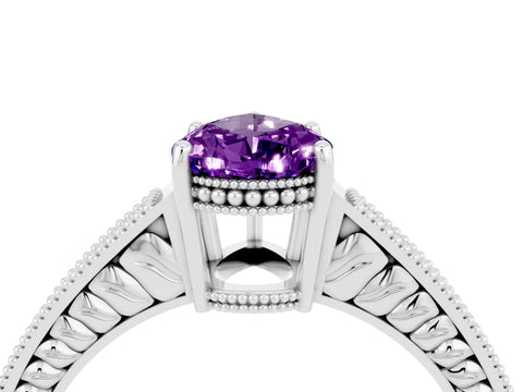 White gold Pear Cut Amethyst Engagement Ring with Milgrain Channel Set Band and Prong Setting_4