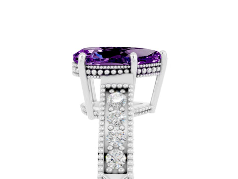 White gold Pear Cut Amethyst Engagement Ring with Milgrain Channel Set Band and Prong Setting_5