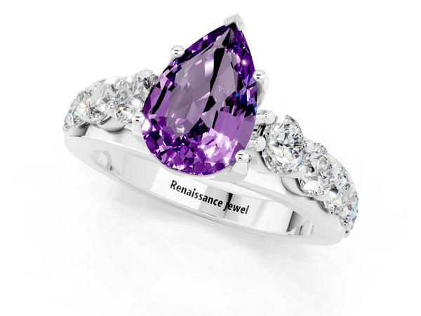 Platinum Pear Cut Amethyst Engagement Ring with Pavé Band and Four-Prong Setting