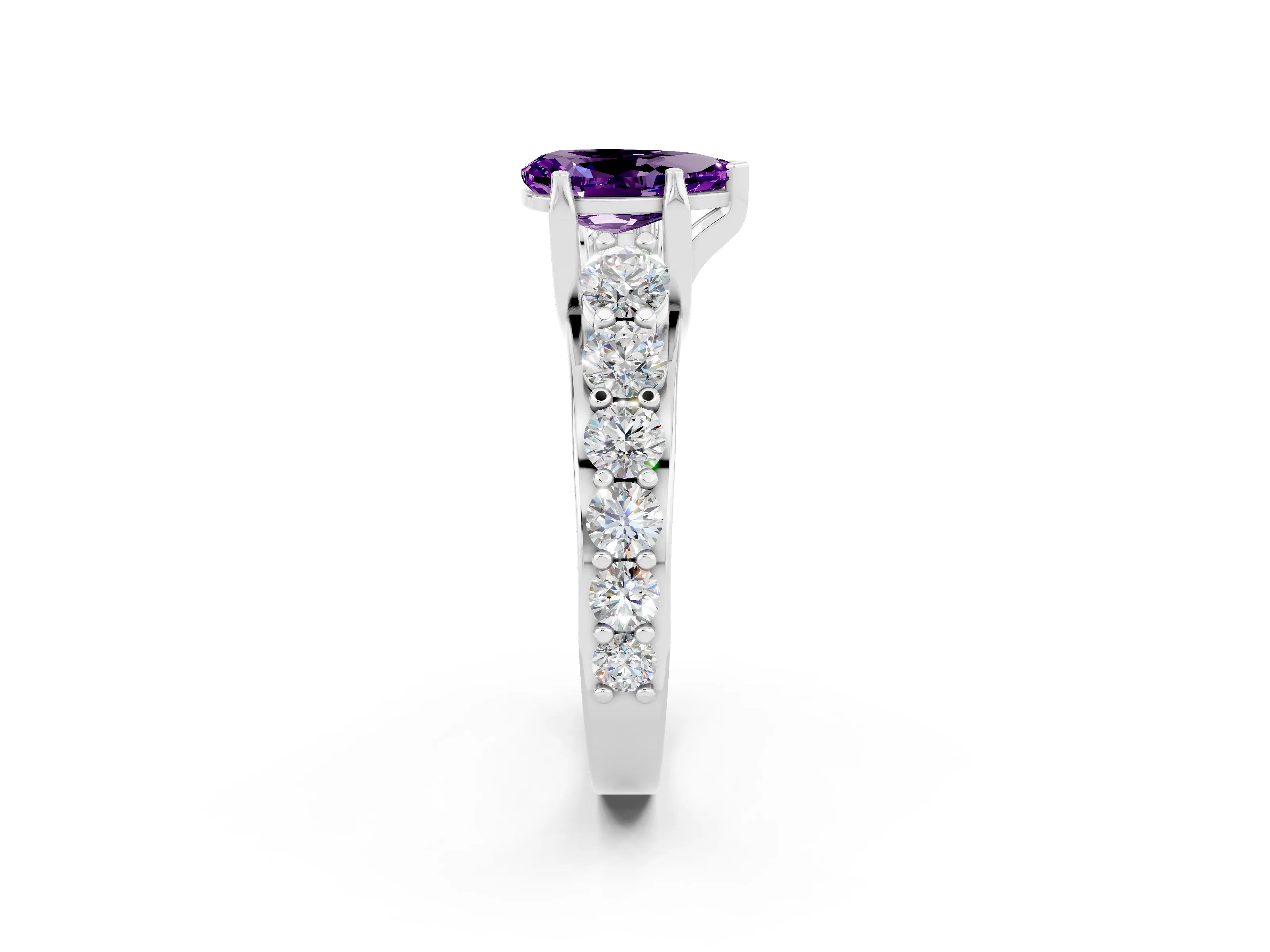 White gold Pear Cut Amethyst Engagement Ring with Pavé Band and Four-Prong Setting_2