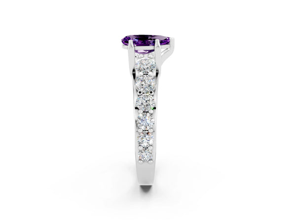 White gold Pear Cut Amethyst Engagement Ring with Pavé Band and Four-Prong Setting