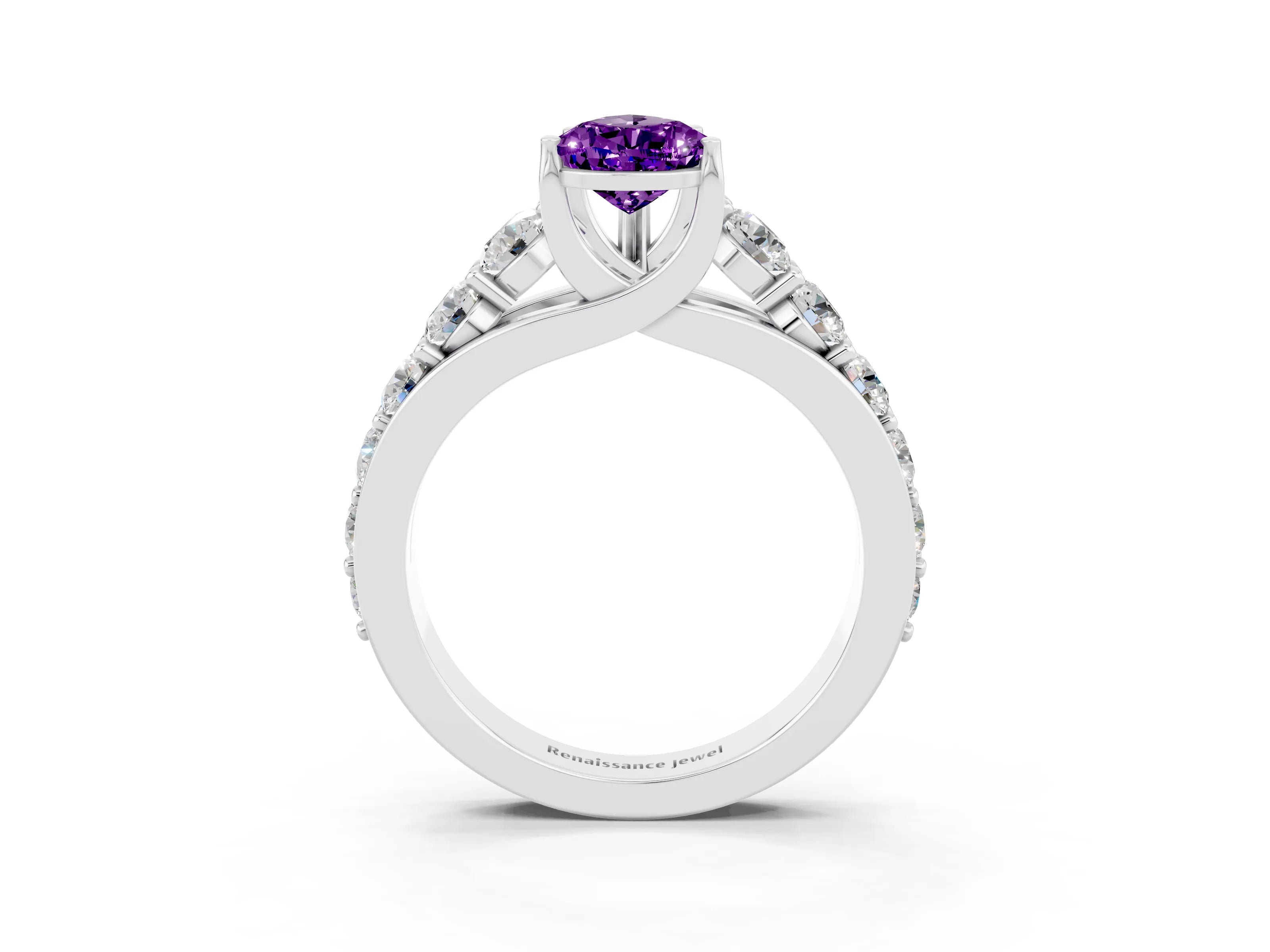 White gold Pear Cut Amethyst Engagement Ring with Pavé Band and Four-Prong Setting_3