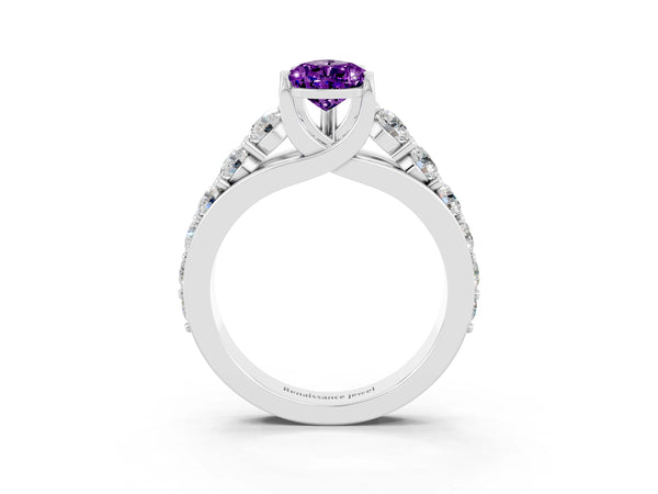 White gold Pear Cut Amethyst Engagement Ring with Pavé Band and Four-Prong Setting