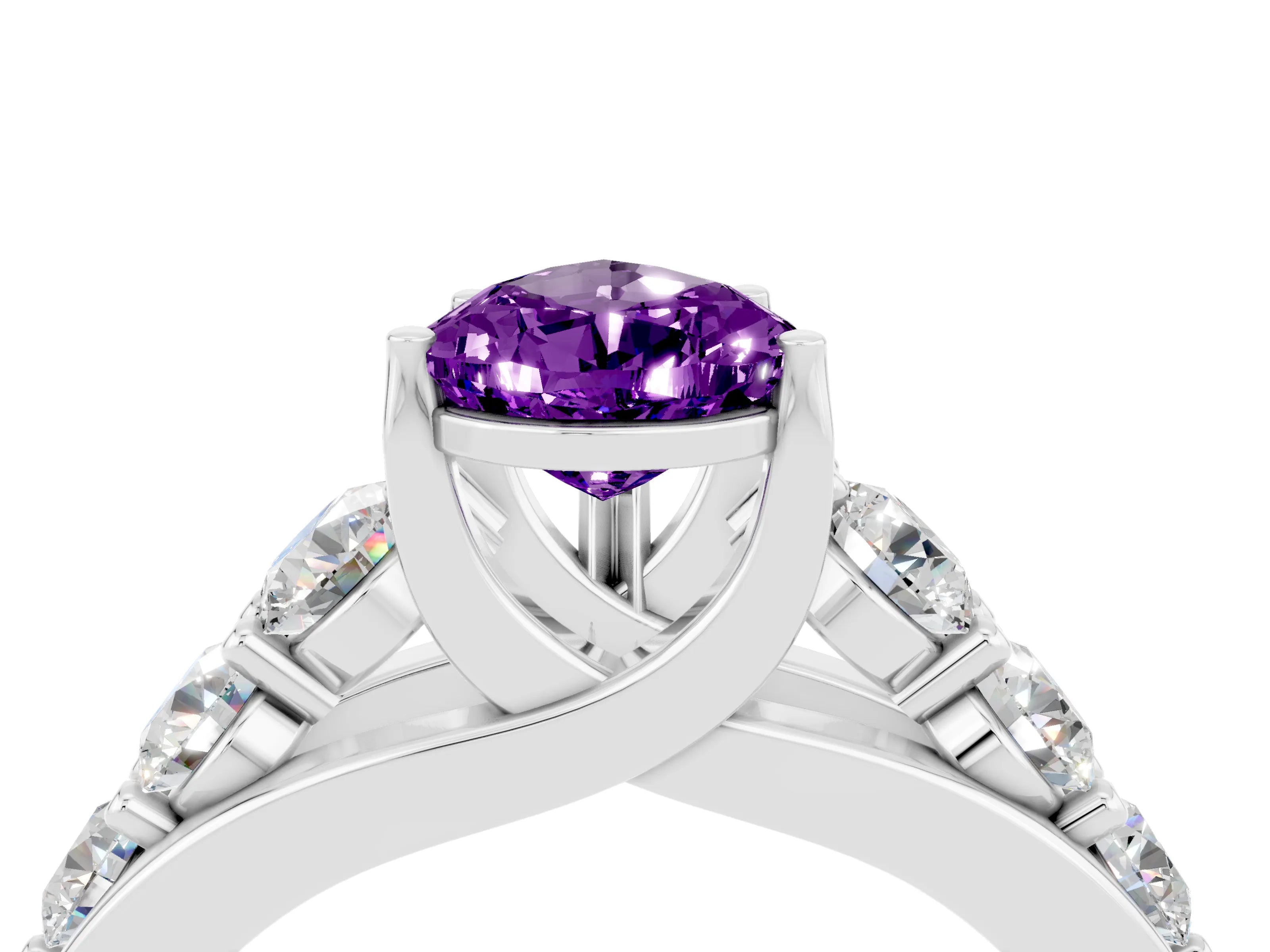 White gold Pear Cut Amethyst Engagement Ring with Pavé Band and Four-Prong Setting_4