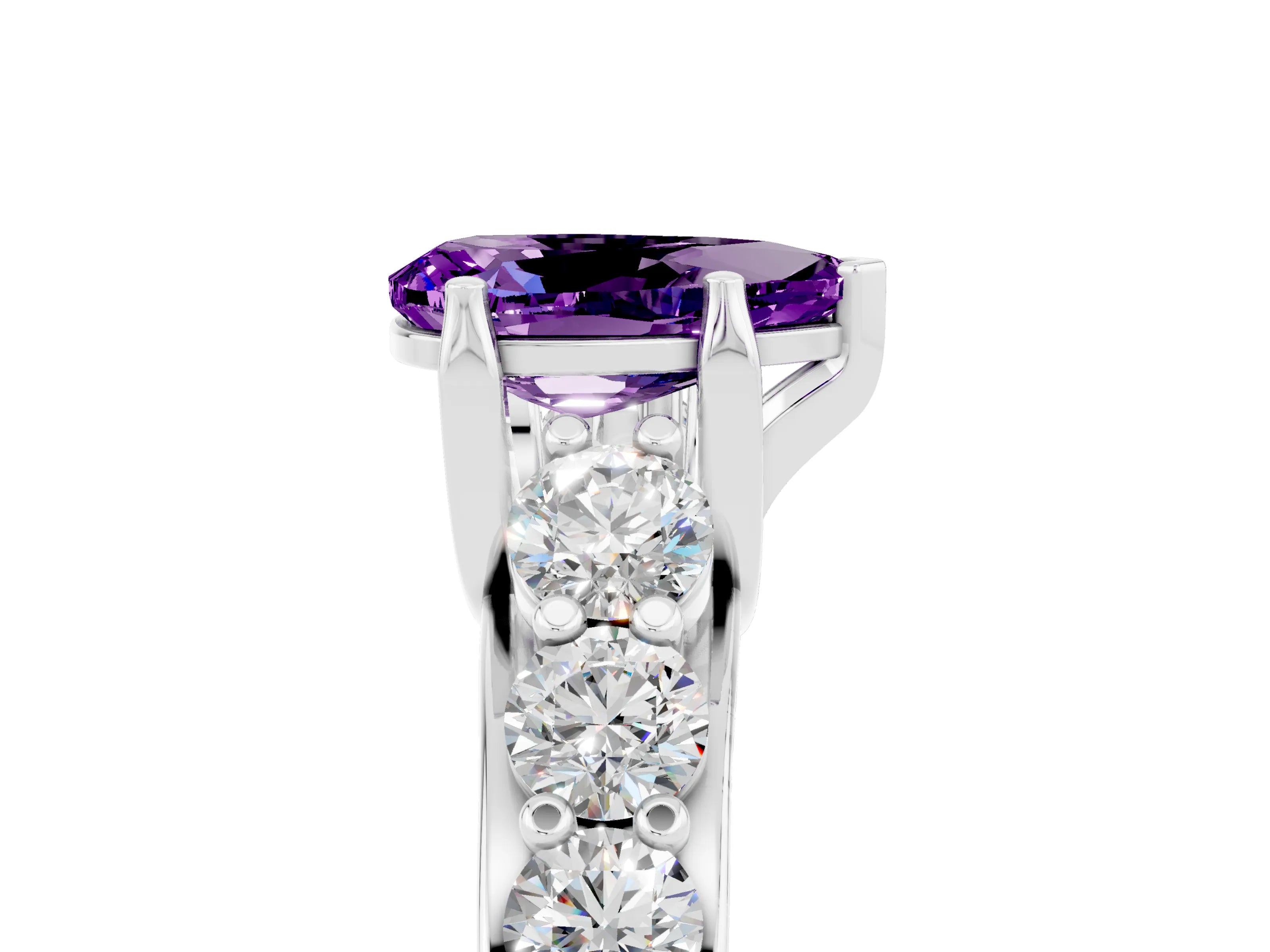 White gold Pear Cut Amethyst Engagement Ring with Pavé Band and Four-Prong Setting_5