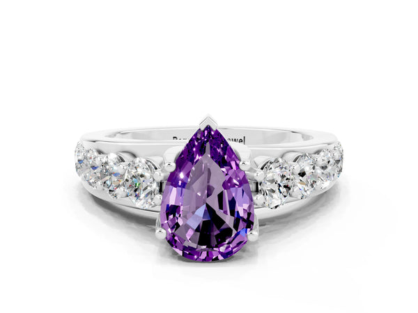 White gold Pear Cut Amethyst Engagement Ring with Pavé Band and Four-Prong Setting
