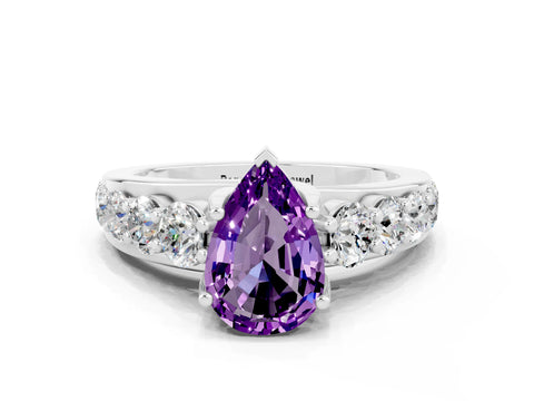 White gold Pear Cut Amethyst Engagement Ring with Pavé Band and Four-Prong Setting