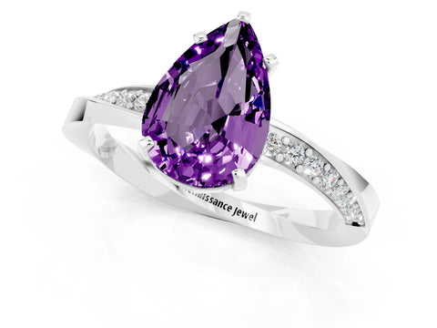 White gold Pear Cut Amethyst Engagement Ring with Side Stone Accents and Four-Prong Setting_28