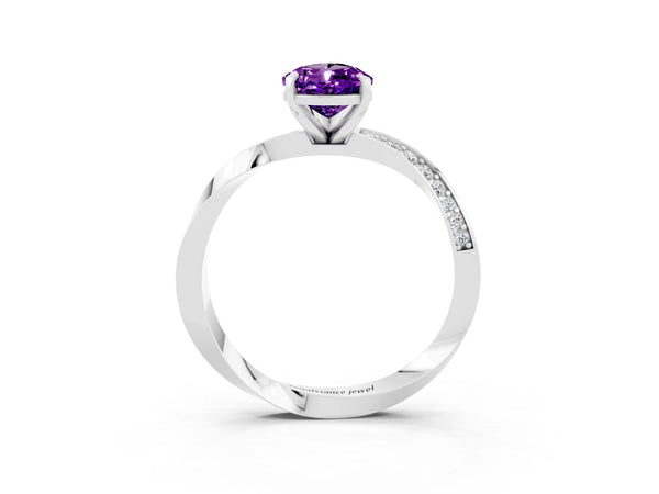 Silver Pear Cut Amethyst Engagement Ring with Side Stone Accents and Four-Prong Setting
