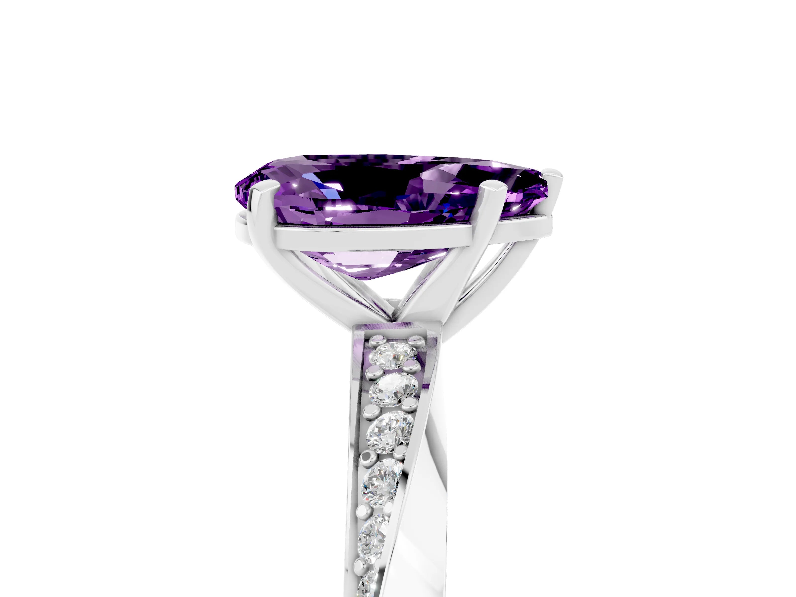 White gold Pear Cut Amethyst Engagement Ring with Side Stone Accents and Four-Prong Setting_32
