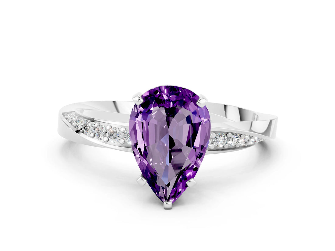 White gold Pear Cut Amethyst Engagement Ring with Side Stone Accents and Four-Prong Setting_84