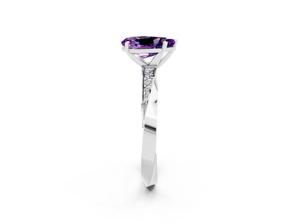 White gold Pear Cut Amethyst Engagement Ring with Side Stone Accents and Four-Prong Setting
