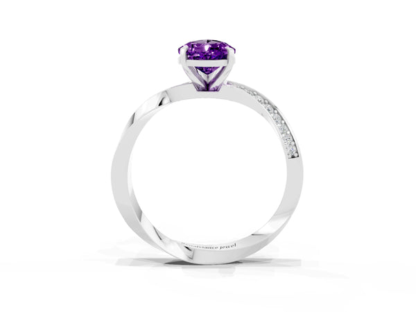 White gold Pear Cut Amethyst Engagement Ring with Side Stone Accents and Four-Prong Setting
