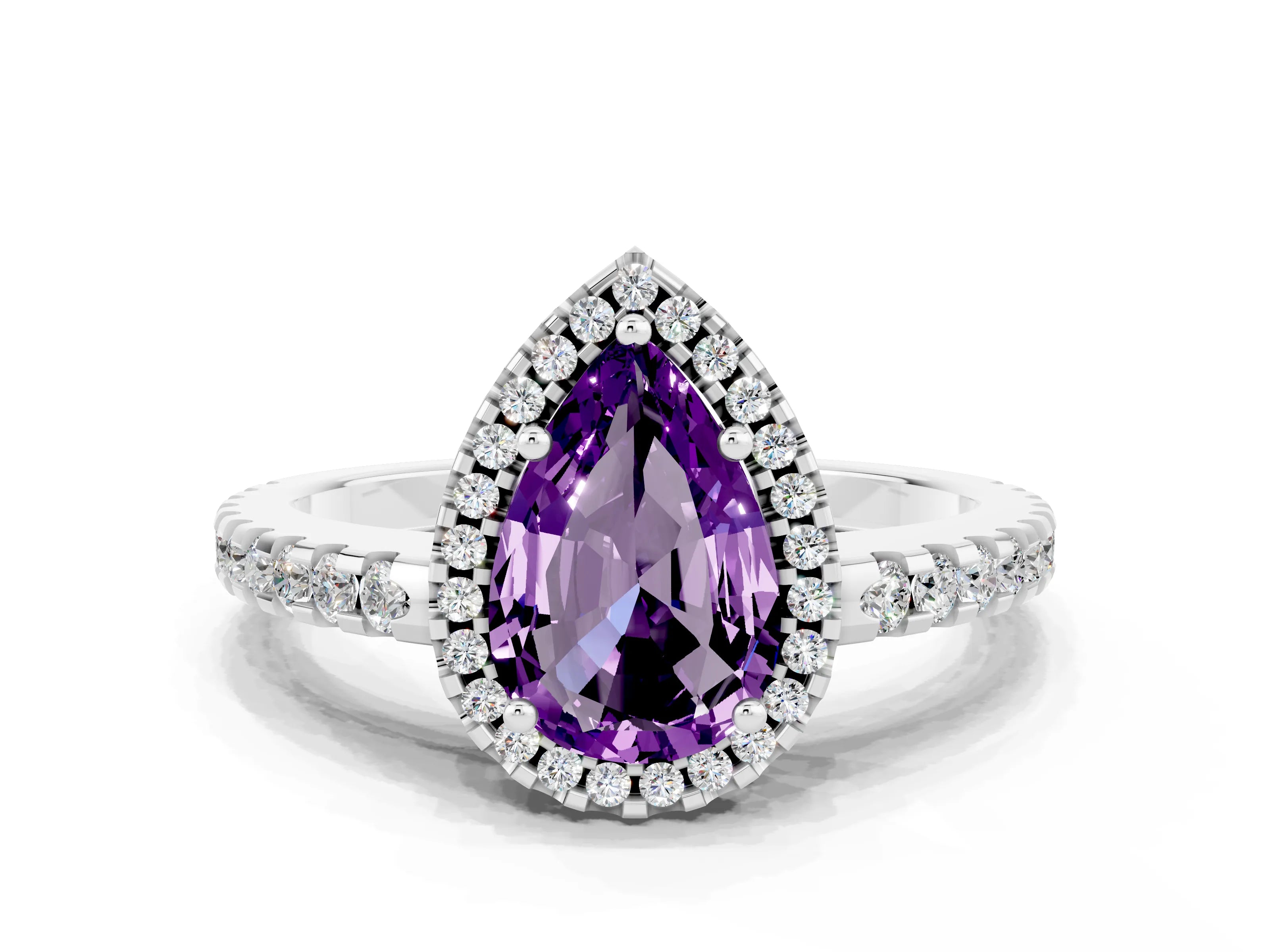 White gold Pear Cut Amethyst Halo Engagement Ring with Pavé Band and Prong Setting_12