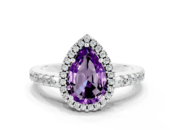 Silver Pear Cut Amethyst Halo Engagement Ring with Pavé Band and Prong Setting