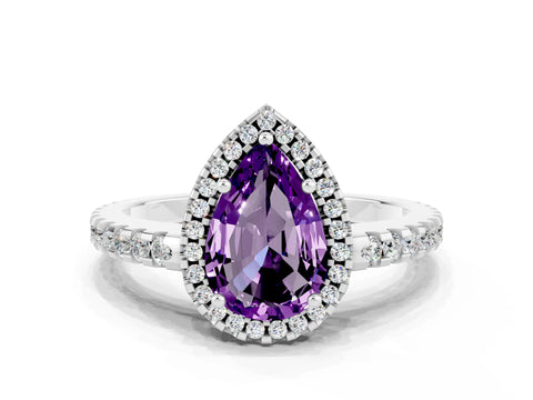 White gold Pear Cut Amethyst Halo Engagement Ring with Pavé Band and Prong Setting_12