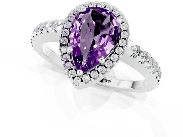 Platinum Pear Cut Amethyst Halo Engagement Ring with Pavé Band and Prong Setting