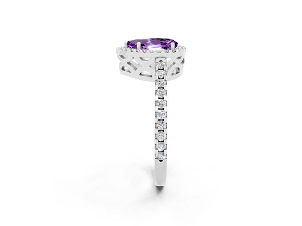 White gold Pear Cut Amethyst Halo Engagement Ring with Pavé Band and Prong Setting