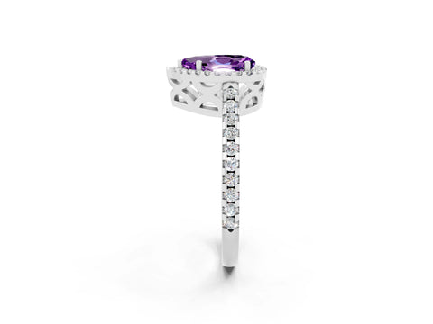 White gold Pear Cut Amethyst Halo Engagement Ring with Pavé Band and Prong Setting_14
