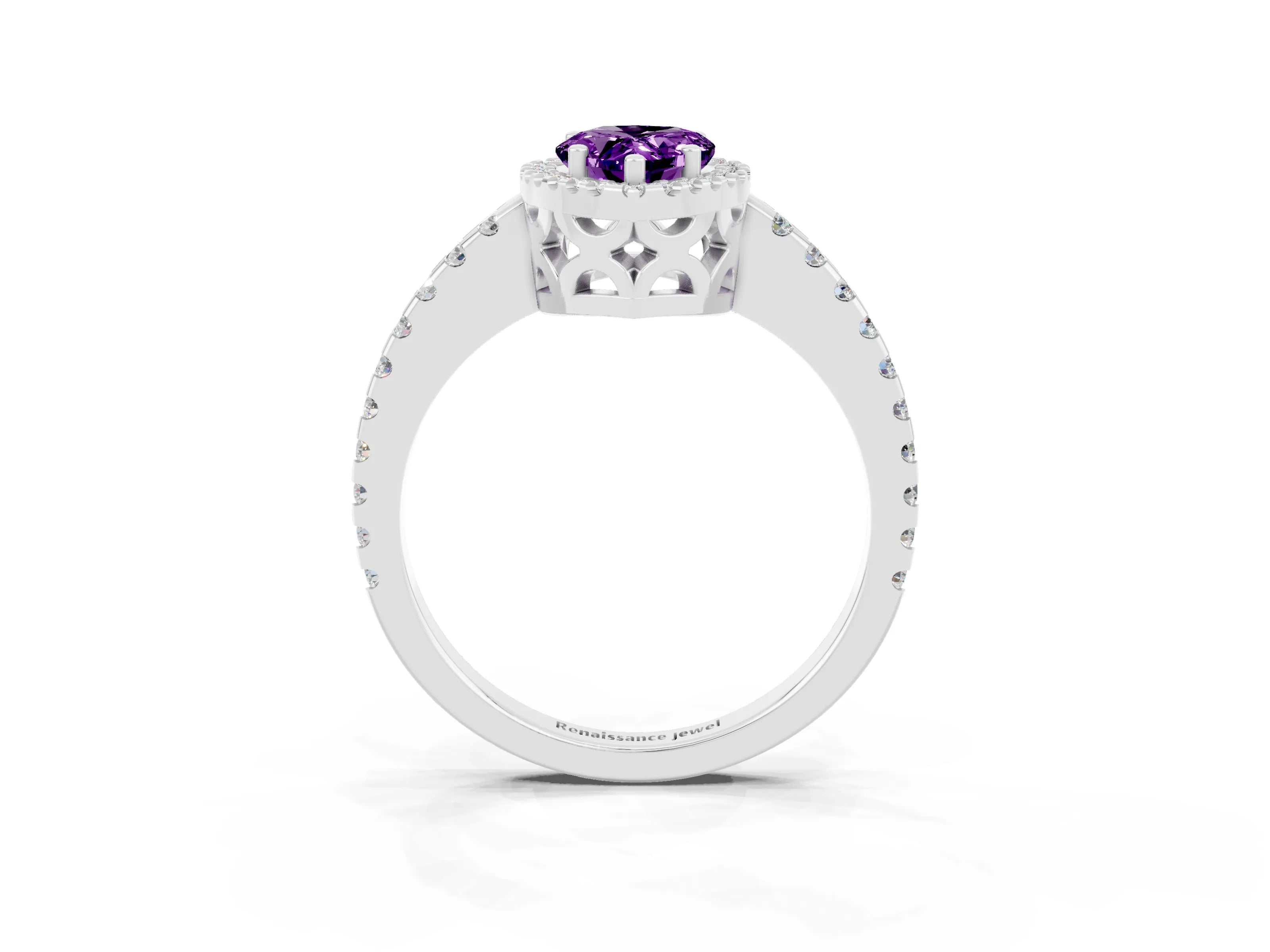 White gold Pear Cut Amethyst Halo Engagement Ring with Pavé Band and Prong Setting_15