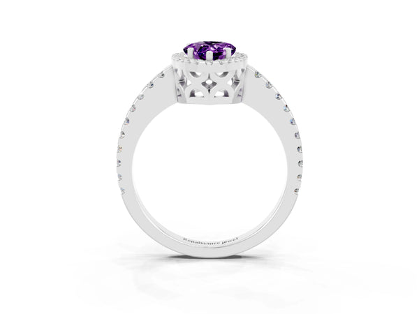 Silver Pear Cut Amethyst Halo Engagement Ring with Pavé Band and Prong Setting