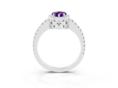 White gold Pear Cut Amethyst Halo Engagement Ring with Pavé Band and Prong Setting_15