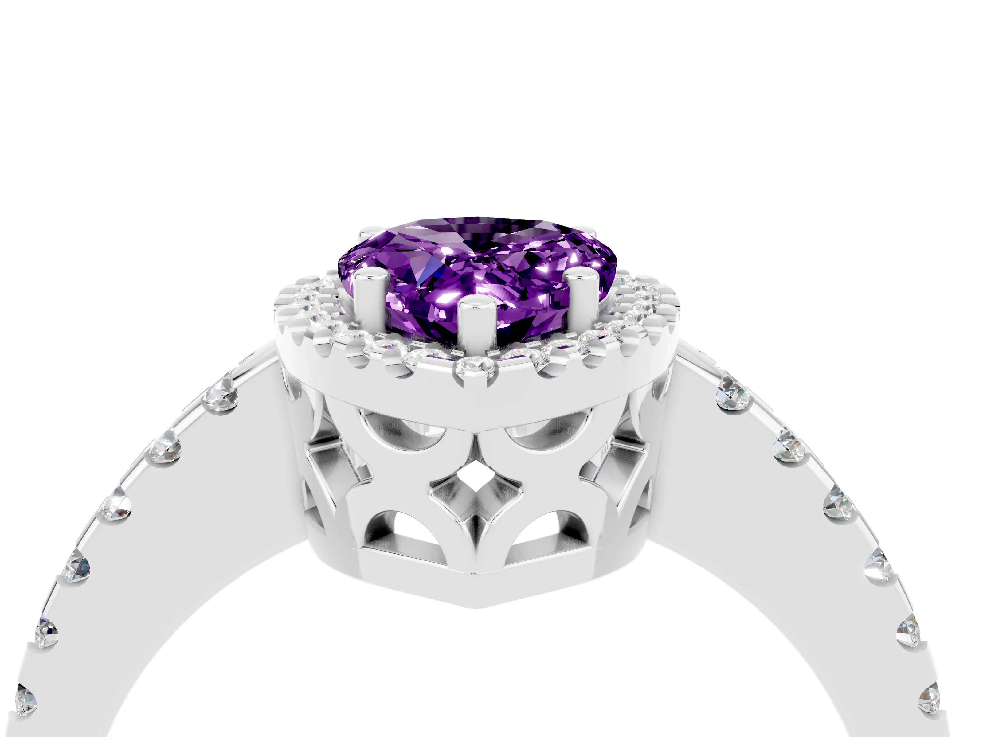White gold Pear Cut Amethyst Halo Engagement Ring with Pavé Band and Prong Setting_16