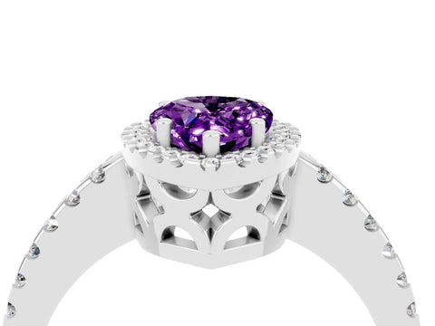 White gold Pear Cut Amethyst Halo Engagement Ring with Pavé Band and Prong Setting_16