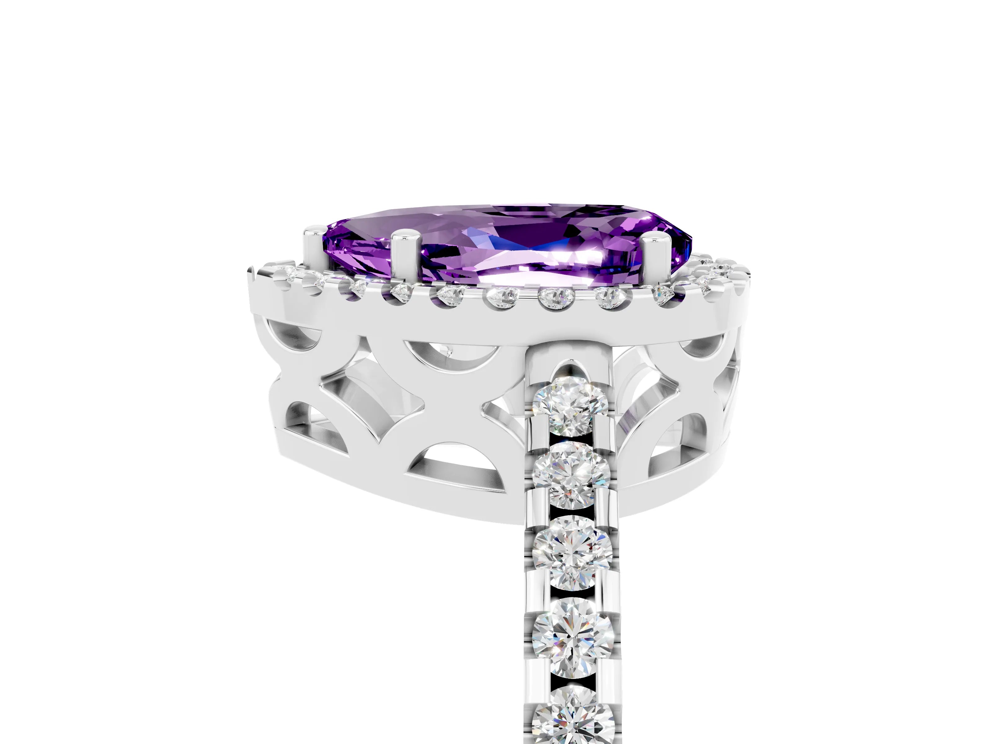 White gold Pear Cut Amethyst Halo Engagement Ring with Pavé Band and Prong Setting_17