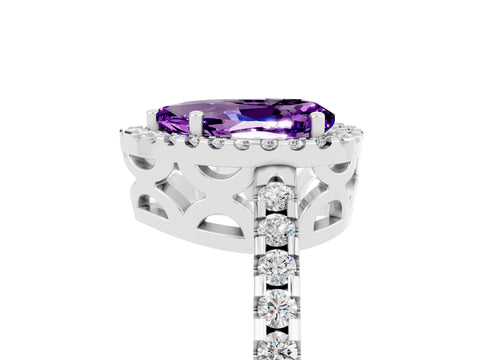 White gold Pear Cut Amethyst Halo Engagement Ring with Pavé Band and Prong Setting_17