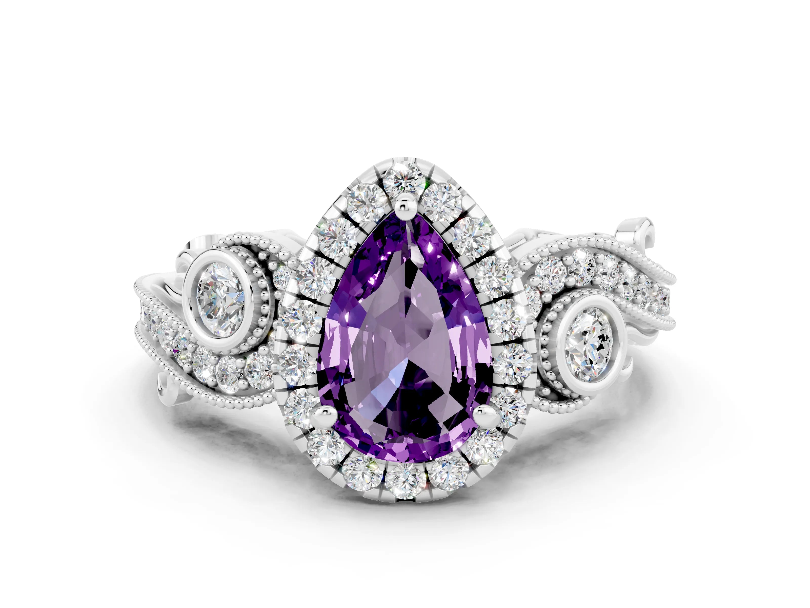White gold Pear Cut Amethyst Halo Ring with Milgrain Pavé Band and Four-Prong Setting_12