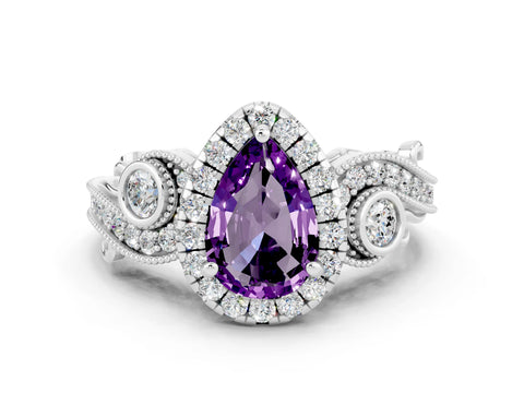 White gold Pear Cut Amethyst Halo Ring with Milgrain Pavé Band and Four-Prong Setting_12