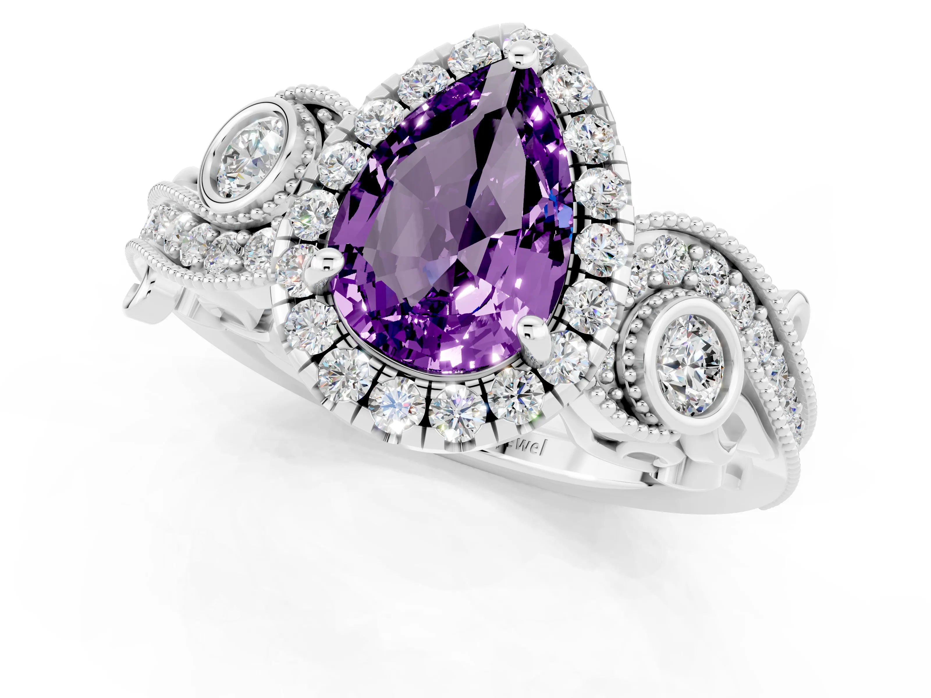 White gold Pear Cut Amethyst Halo Ring with Milgrain Pavé Band and Four-Prong Setting_13
